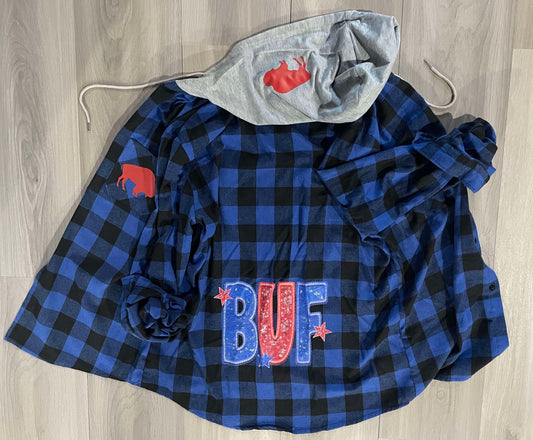 Blue Hooded Flannel with Glitter BUF on Back